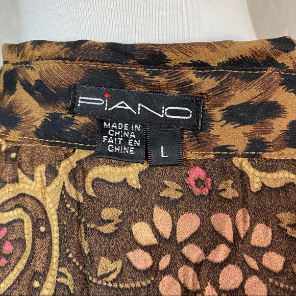 Vintage Y2K Boho Leopard Mixed Print Lace Ribbon Snap Shirt Lg - Picture 9 of 10